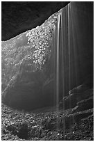 Ephemeral waterfall seen from inside cave. Mammoth Cave National Park, Kentucky, USA. (black and white)