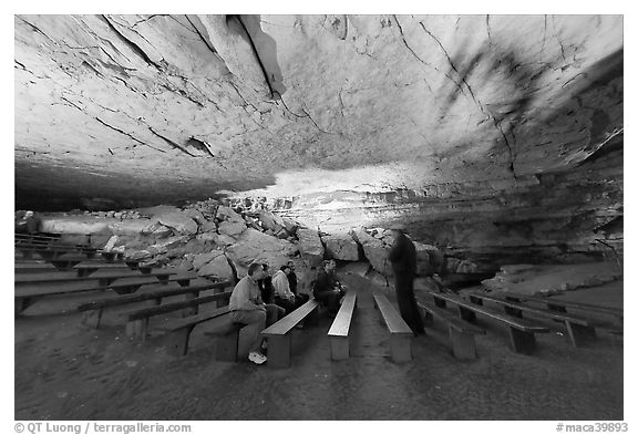 Talk in large room inside cave. Mammoth Cave National Park (black and white)