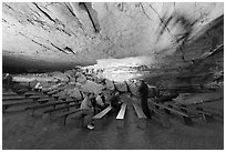 Talk in large room inside cave. Mammoth Cave National Park, Kentucky, USA. (black and white)