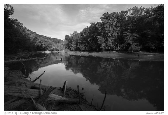 Calm waters of Green River, Houchin Ferry. Mammoth Cave National Park (black and white)
