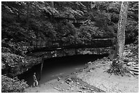Vistor looking, River Styx resurgence. Mammoth Cave National Park ( black and white)