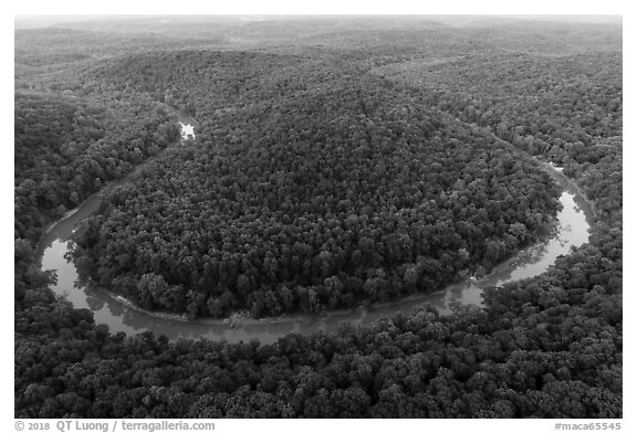 Aerial view of Green River bend. Mammoth Cave National Park (black and white)
