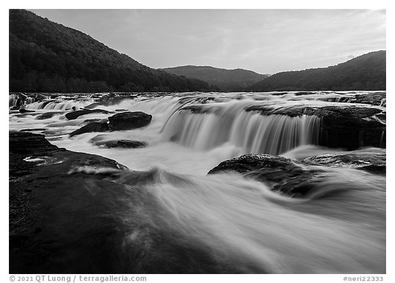 Sandstone Falls of the New River, sunset. New River Gorge National Park and Preserve (black and white)