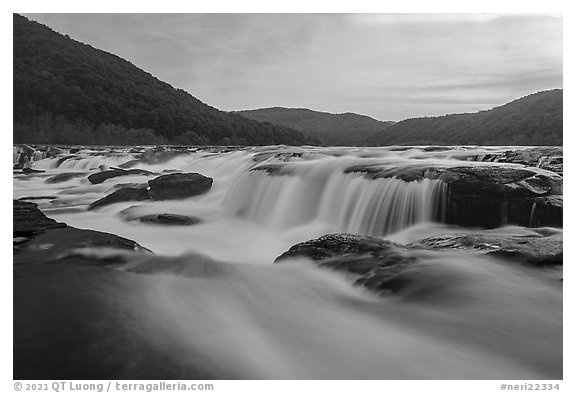 Sandstone Falls of the New River, sunset. New River Gorge National Park and Preserve (black and white)