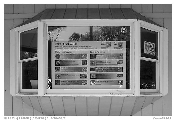 Window reflexion, Grandview Visitor Center. New River Gorge National Park and Preserve (black and white)