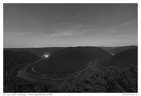 Night view from main Grandview overlook. New River Gorge National Park and Preserve (black and white)