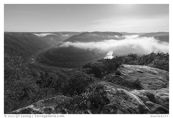 Bend of New River from Grandview with low clouds. New River Gorge National Park and Preserve (black and white)