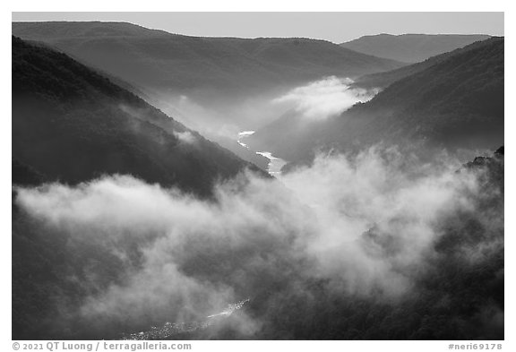 Low clouds hanging over the gorge. New River Gorge National Park and Preserve, West Virginia, USA.