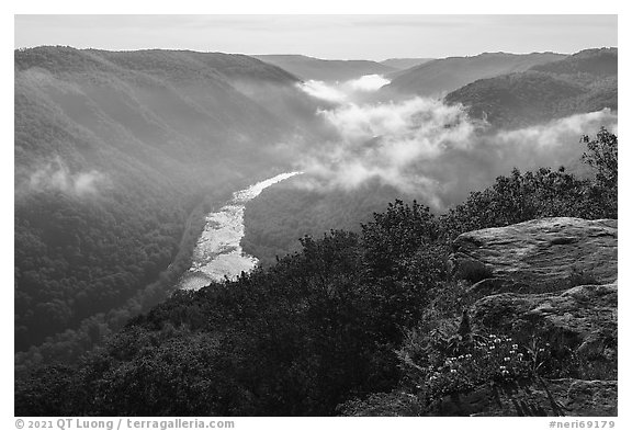 New River from Grandview with low clouds. New River Gorge National Park and Preserve, West Virginia, USA.