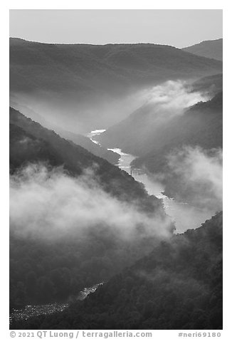 River gorge with low clouds. New River Gorge National Park and Preserve (black and white)