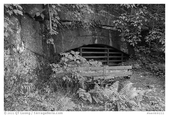 Rails and shaft opening, Kaymoor Mine Site. New River Gorge National Park and Preserve (black and white)