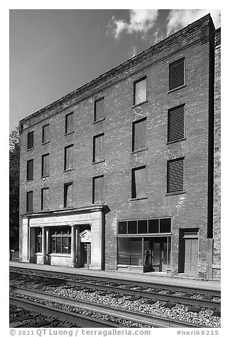 Railroad tracks and National Bank of Thurmond building. New River Gorge National Park and Preserve, West Virginia, USA.