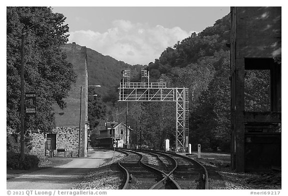Thurmond Historic District with coaling tower and depot. New River Gorge National Park and Preserve (black and white)