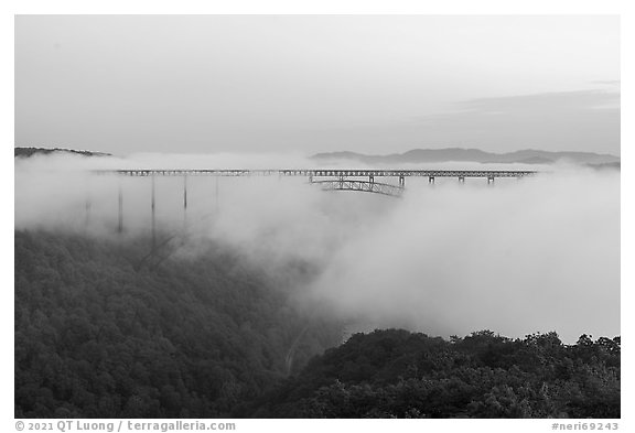 New River Gorge above fog at dawn. New River Gorge National Park and Preserve (black and white)