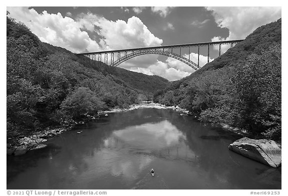 Kayak under New River Gorge Bridge. New River Gorge National Park and Preserve (black and white)