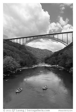 Rafts under New River Gorge Bridge. New River Gorge National Park and Preserve (black and white)