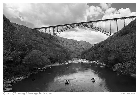 Rafting under New River Gorge Bridge. New River Gorge National Park and Preserve (black and white)