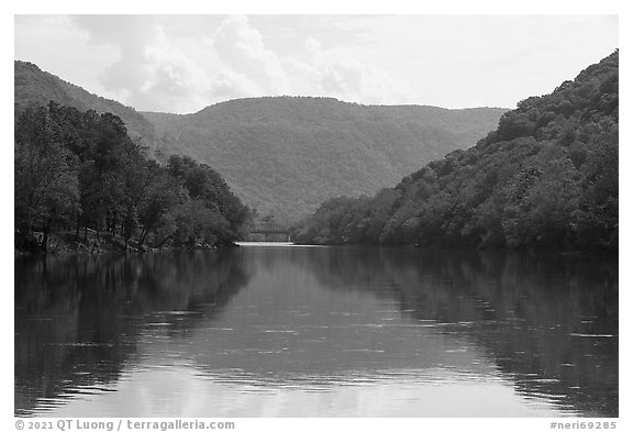 New River with railroad bridge. New River Gorge National Park and Preserve, West Virginia, USA.