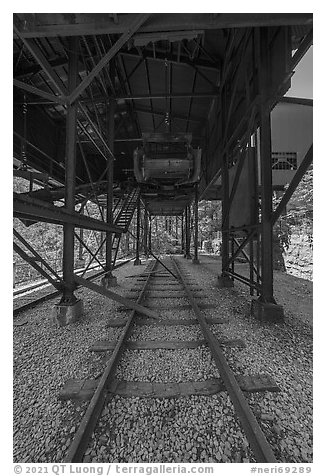 Rail tracks below tipple, Nuttallburg. New River Gorge National Park and Preserve (black and white)