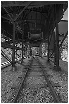 Rail tracks below tipple, Nuttallburg. New River Gorge National Park and Preserve ( black and white)