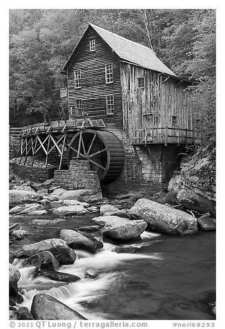 Grist Mill, Babcock State Park within boundaries. New River Gorge National Park and Preserve (black and white)