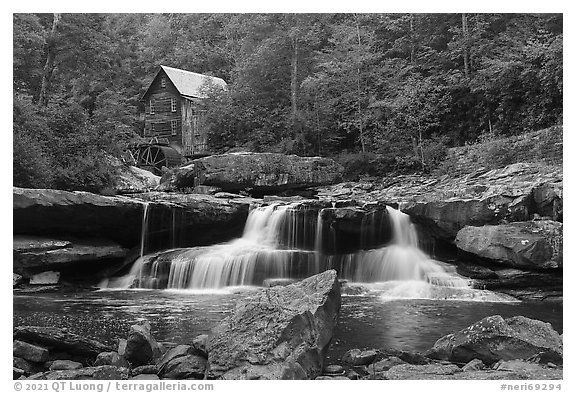 Glade Creek Falls and Grist Mill, Babcock State Park within boundaries. New River Gorge National Park and Preserve (black and white)