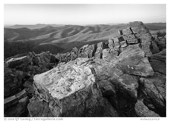 Pile of rectangular shape rocks on Black Rock summit, late afternoon. Shenandoah National Park, Virginia, USA.