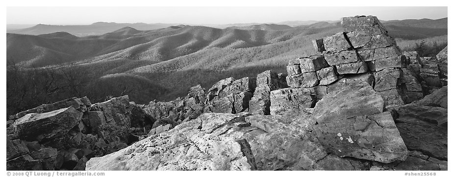 Appalachian landscape with rocks and hills. Shenandoah National Park (black and white)