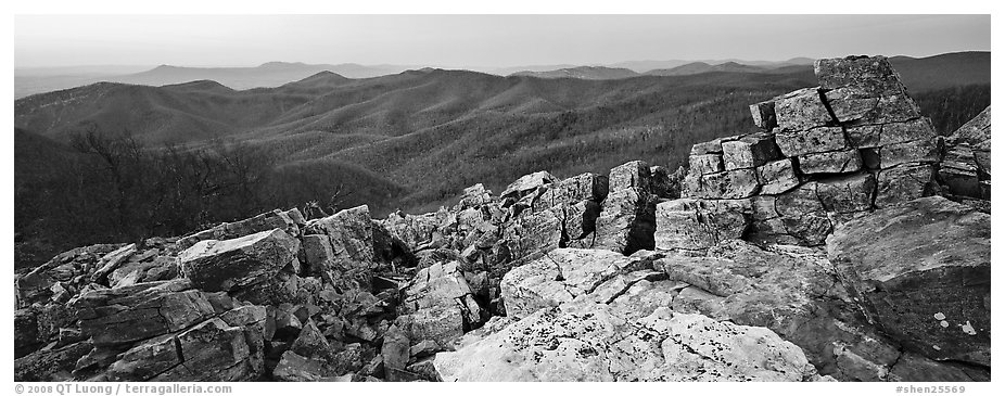 Rock slabs and forested hills at dusk. Shenandoah National Park (black and white)