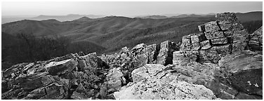 Rock slabs and forested hills at dusk. Shenandoah National Park (Panoramic black and white)