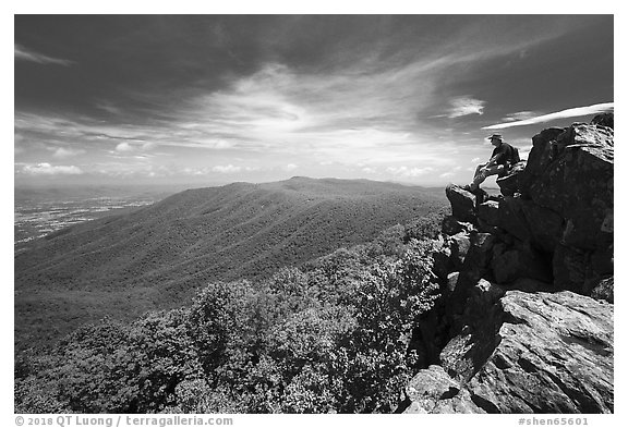Hiker on Hawksbill Mountain. Shenandoah National Park (black and white)