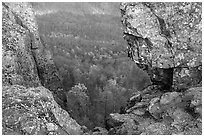 Forested slopes seen through a rock window, Little Stony Man. Shenandoah National Park, Virginia, USA. (black and white)