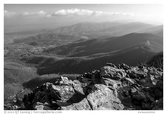 Panorama from Little Stony Man, early morning. Shenandoah National Park (black and white)
