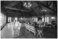 Interior hall of Shenandoah Lodge. Shenandoah National Park, Virginia, USA. (black and white)