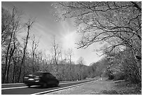 Car on Skyline drive. Shenandoah National Park, Virginia, USA. (black and white)