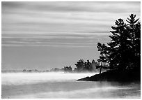 Fog lifting up in early morning and trees on shore of Kabetogama lake. Voyageurs National Park, Minnesota, USA. (black and white)