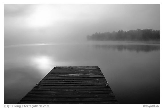 Dock and morning fog, Woodenfrog. Voyageurs National Park (black and white)
