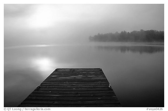 Dock and morning fog, Kabetogama lake near Woodenfrog. Voyageurs National Park, Minnesota, USA.