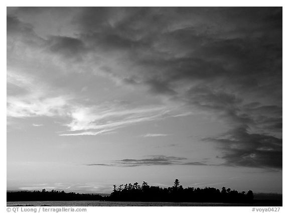 Clouds and islet at sunset, Kabetogama Lake. Voyageurs National Park (black and white)