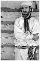 Park staff wearing white period outfit similar to that worn by  Voyageurs. Voyageurs National Park, Minnesota, USA. (black and white)