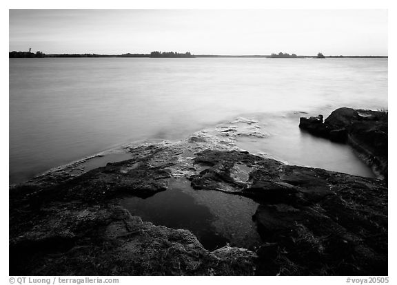 Lake and eroded granite at sunrise, Kabetogama Lake. Voyageurs National Park (black and white)