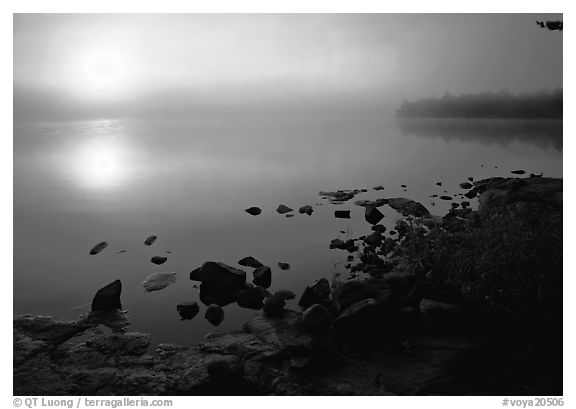 Sunrise and morning fog, Kabetogama lake near Woodenfrog. Voyageurs National Park, Minnesota, USA.