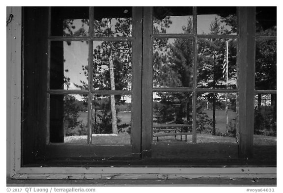 Kabetogama Lake window reflexion, Ash River visitor center. Voyageurs National Park (black and white)
