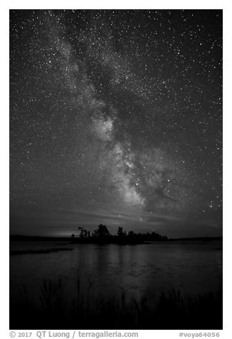 Islet and Milky Way, Sand Point Lake. Voyageurs National Park (black and white)
