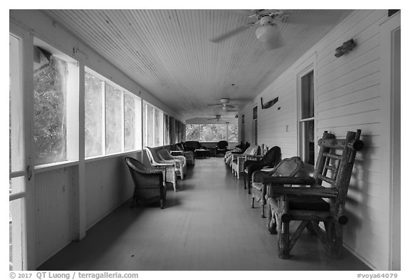 Porch, Kettle Falls Hotel. Voyageurs National Park (black and white)
