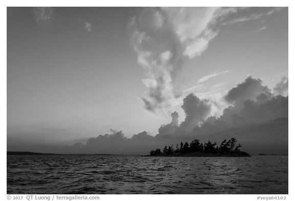 Islet and clouds at sunset, Rainy Lake. Voyageurs National Park (black and white)