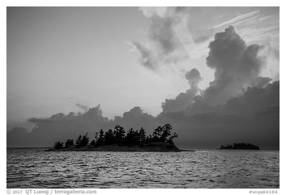 Islets and clouds at sunset, Rainy Lake. Voyageurs National Park (black and white)