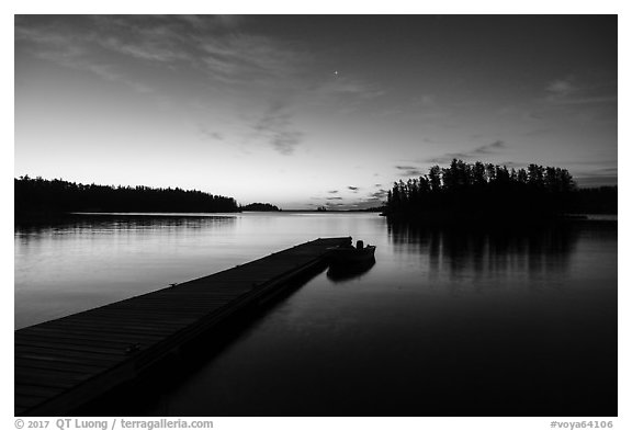 Dock and Anderson Bay at dawn. Voyageurs National Park (black and white)