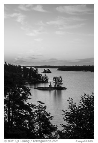 Forested Islets, Anderson Bay, sunrise. Voyageurs National Park (black and white)