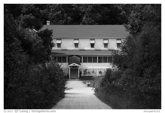 Kettle Falls Hotel and path. Voyageurs National Park (black and white)